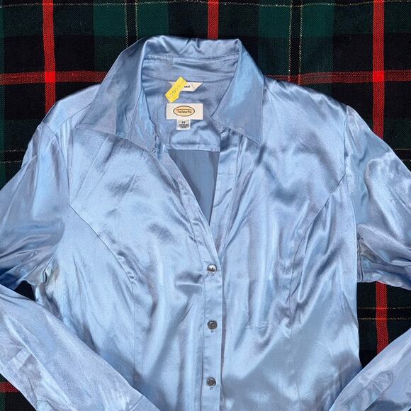 Talbots 14 Blue Satin Stretch Silk Button Front Blouse - Picture 2 of 7